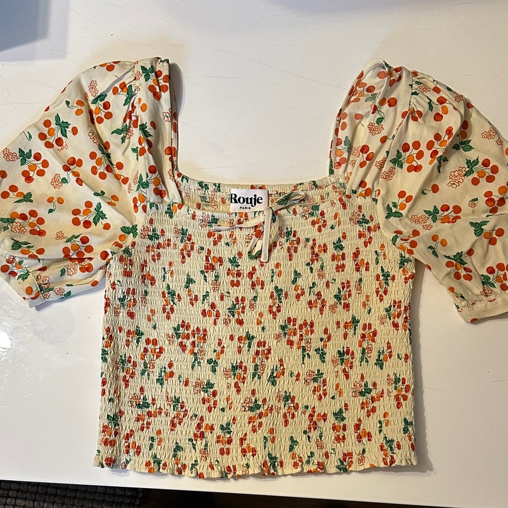 Rouje Cream Cherry-Print Puff Sleeve Crop Top Katia